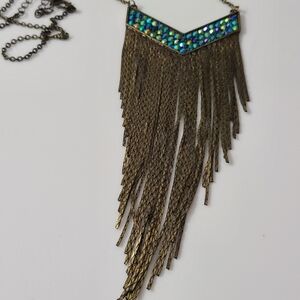 Blue AB Rhinestones Fringe Necklace Bronze Long Sparkly Adjustable Boho Euc